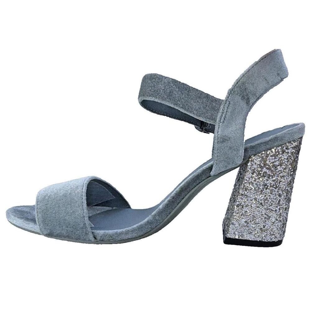 H&M Women's 7 Gray Velvet Glitter Block Heel Ankle Strap Sandals Party Y2K